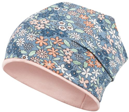 Smarilla Mädchen Beanie mit Blumenmuster, 50-52, Blau-Aprikot