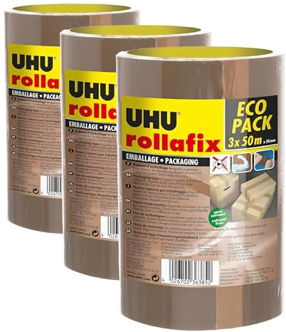 UHU Rollafix - Rubans adhésif d'emballage brun, lot 3 rubans 50m x 50mm (Lot de 3)