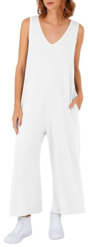 STAR FASHION Womens Sleeveless Plain V-neck Jumpsuit Long and Lightweight Comfy for Summer Beach Party Causal Ladies Wide Leg Romper Overalls White