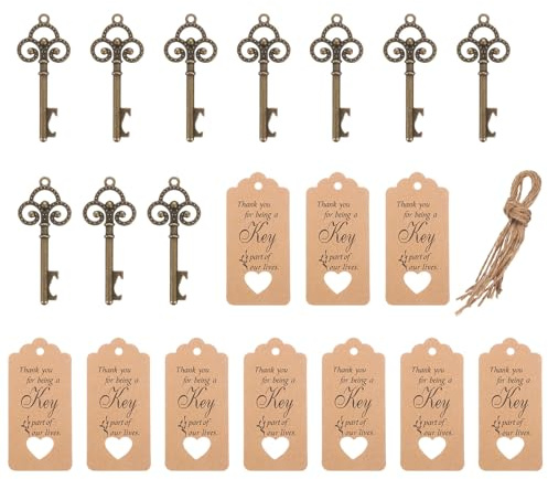 PATIKIL Juego de 10 abrebotellas de llave vintage para boda, fiesta, recuerdo de recuerdo con etiqueta de agradecimiento, bolsas de organza, cuerda para invitados, bronce