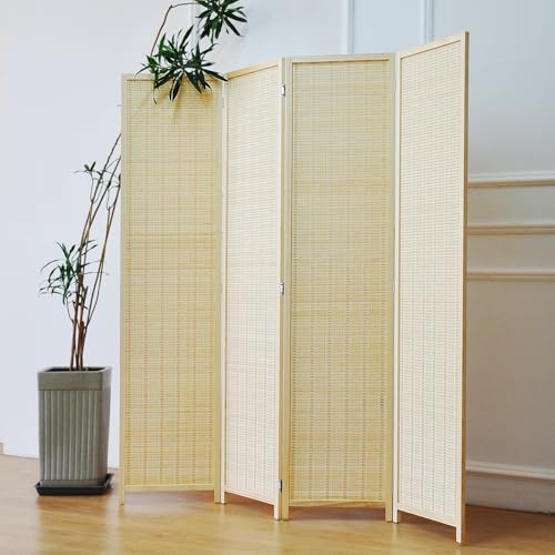 Furnnylane 4 Panel Bamboo Room Divider and Folding Panel Screen,Bamboo Panel Divider for Room Separation,Beige,67 H x 61.4 W