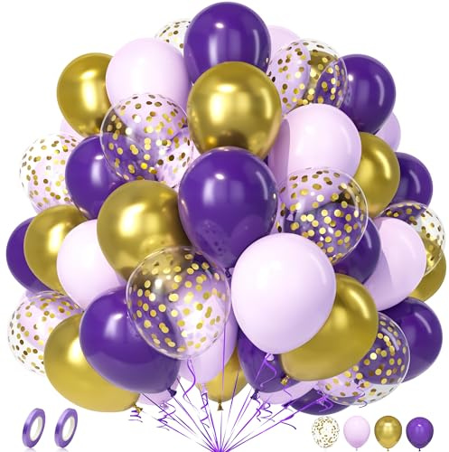 Unisun Luftballons Lila Gold, 50 Stück Ballons Dunkellila Pastell Violet Metallic Gold Konfetti Luftballon Mädchen Frauen Kind Geburtstag Jubiläum Hochzeit Verlobung Abschlussfeier Halloween Deko