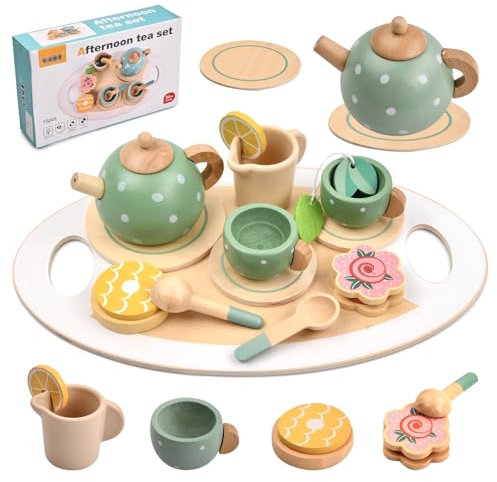 Vesaneae 15 Pezzi Set da Tè per Bambini, Servizio da Tè Giocattoli in Legno, Gioco di Ruolo del Tea Party, Educativi Montessori Cucina Giocattolo, Regalo per Ragazzi Ragazze Oltre 3+ Anni