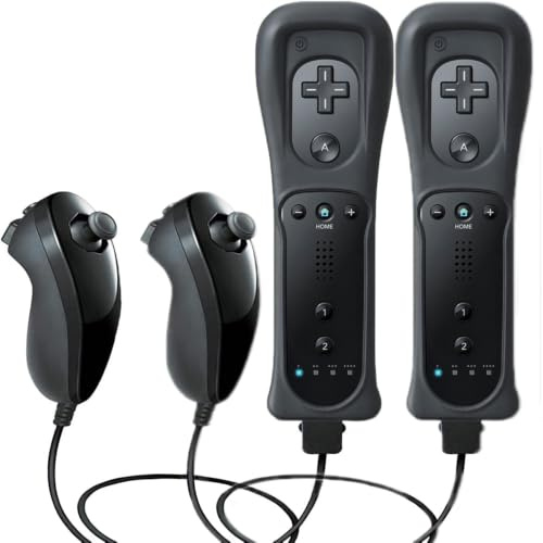 SONVIEE Wii Remote Controller et Nunchuck Joystick Télécommande de Remplacement pour Wii avec étui en Silicone et Dragonne (Sans Motion Plus-Noir 2er)