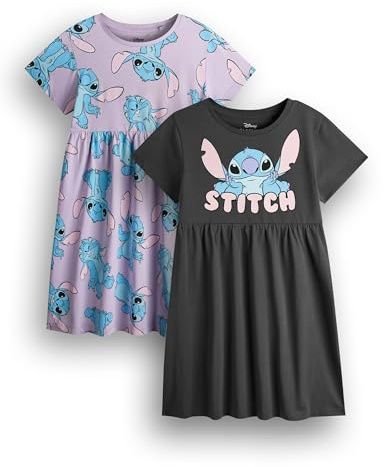 Disney Lilo & Stitch Robe Fille Pack de 2 | Robes d'été à Manches Courtes Gris foncé et Lavande Graphic Daywear | Stitch Alien Ensemble de vêtements Multi-Pack Mignon | Coffret Cadeau d'articles