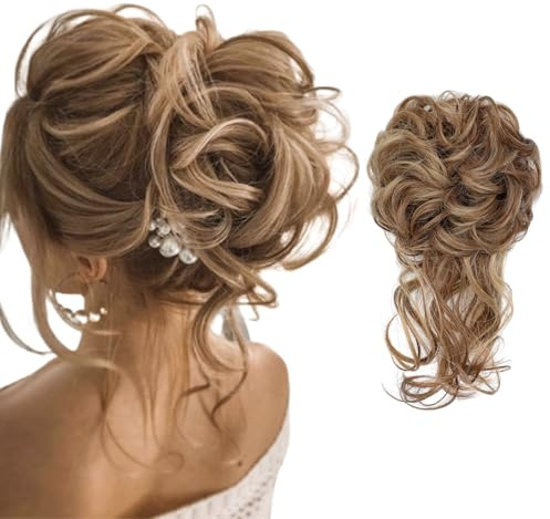 FeidyLong Messy Bun Hair Piece Tousled Updo Hair Buns Extension Elastic Band Hair Pieces Curly Hair Bun Scrunchie for Women Curly Chignon Ponytail Hairpiece Daily Wear(Light Brown mix Ash Blonde)