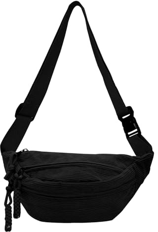Cord Bauchtasche für Damen Herren, Crossbody-Hüfttasche Umhängetaschen Brusttasche Cord Erwachsene mit 3 Tasche und Verstellbarem Leichte Gürteltasche für Jungen Sportlich Wandern (Schwarz)