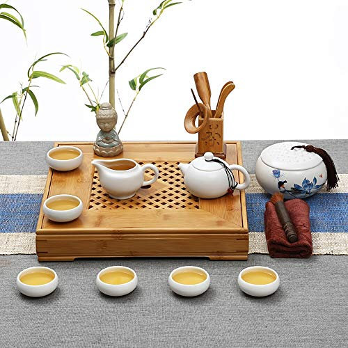 IUBGFTO Juego de té Kung Fu, Bandeja de té de bambú, Juego de té de cerámica, Taza de té Ding Kiln, Juego Blanco Chi Minh Moon
