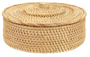 SUMTree panier de rangement en rotin panier avec couvercle boîte décorative organisateur pour étagère, maison, cuisine (rond, 26x9cm)