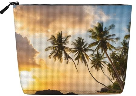 EZDLOWVBA Hawaiian Palm Tree Print Hawaiian Palm Tree Print Fake Hemp Makeup Bag â€“ Travel, and Daily Storage Essential â€“ Reusable Cosmetic Bag, Zipper Pouch, Make-Up Tool