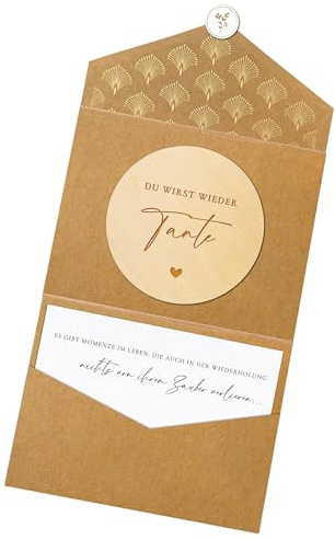 Joli Coon Du wirst wieder Tante Holzscheibe, Schwangerschaft verkünden | Schwangerschaft verkünden, Strukturiertes Designerpapier, Natur-Klappkuvert, Platz für persönliche Worte, Premium-Papeterie