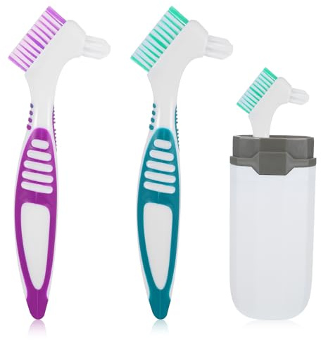 Lusofie Lot de 2 brosses à dents efficaces pour prothèses dentaires avec étui de transport, poils souples multicouches, brosse de nettoyage avec poignée en caoutchouc pour un entretien propre des