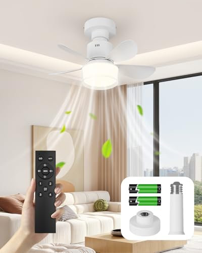 Olutula Ceiling Fan with Light and Remote, Small Dimmable LED Ceiling Fan Light, 4 Speeds, E27 Bulb Fixture, with Extension Rod, Base and Remote Control Battery, for Kitchen, Living Room, Bedroom