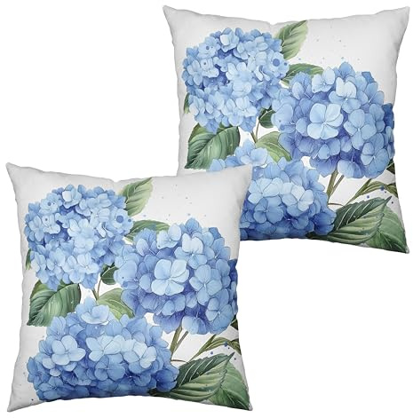 Kwlegh Blue Hydrangea Pillow Covers 18x18 Set of 2 Spring Summer Decorative Pillow Covers Flower Throw Pillow Case Square Cotton Linen Cushion Case for Outdoor Living Room Couch Sofa