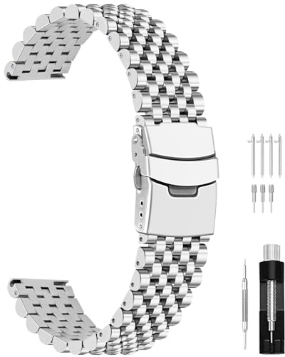 Juntan Metall Uhrenarmband Edelstahl 20mm, 7 halbe Perlen Poliert Gebürstet Armband für Herren und Damen, Ersatzarmband Schnellverschluss mit Faltschließe