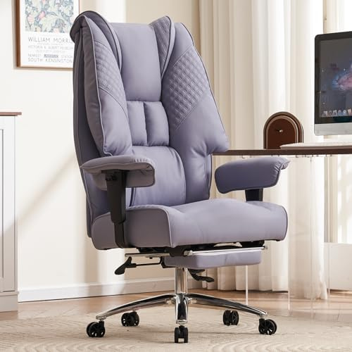 EXCEBET Silla de Oficina Ejecutiva de Cuero PU, Silla de Trabajo Ergonómica 200 kg, Grandes Tallas, Asiento de Muelles Ensacados 14 cm, Respaldo Alto, Silla de Ordenador con Reposapiés (Lila Claro)
