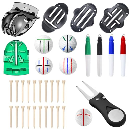 AQTAQ Kit di marcatori per Palline da Golf da 9 Pezzi, 5 Strumenti per marcare Le Palline da Golf e 4 marcatori Colorati per Palline da Golf, per Riparare Le zolle da Golf,Tee da Golf, e identificare