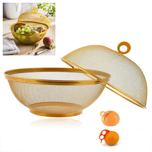 HK Online Gold Apple Mesh Fresh Fruits Basket & Ring Citrus Peeler, Fruit Bowl, Decorative Tablepiece -Keep Unwanted Pets, Bugs & Insects Out (Metallic Gold Basket & Peeler)
