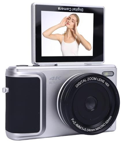 Camera Digitale Mirrorless 4K per Fotografia e Vlogging con Autofocus HD a 64 MP, Zoom 16x, Schermo di Lancio a 180 °, Telecamera da Viaggio Compatta con Stabilizzazione AI (SILVER)