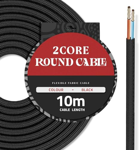 2 Core Black Textile Electric Cable, 10 Meter Round Fabric Flex 2x0.75mm - Wire coated Vintage Fabric for DIY Pendant Light, Lamps Applique Lampshades (Black)