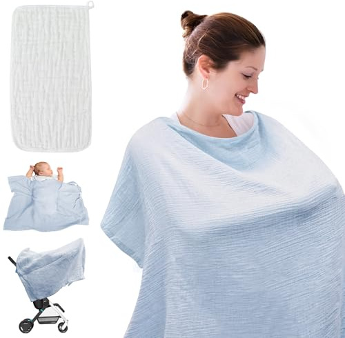 JJKOL Tablier Allaitement, Cape Allaitement Bébé, Couverture Allaitement Bébé 100% Coton, Avec 1 Serviette pour Bébé, Doux, Respirant et Sangles Réglables, Pour poussettes (Hellblau)