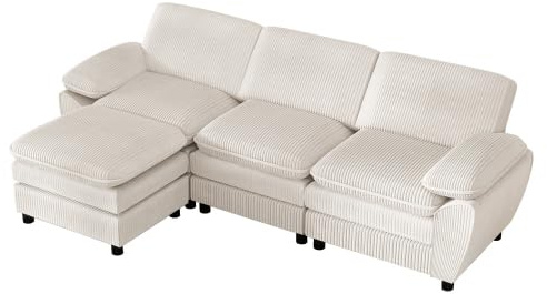 HAINEW Modern Ecksofa Eckcouch Mit Abnehmbare Hocker, 3-Sitzer L-förmiges Sofa Couch mit Kissen und Armlehnen für Wohnzimme Wohnung Büro (Weiß)