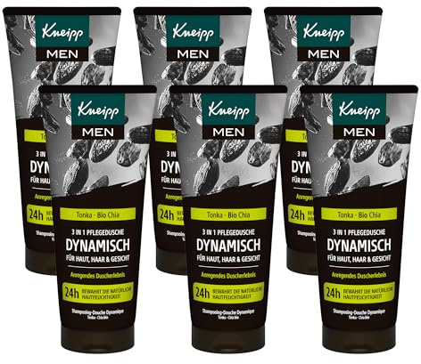 Kneipp MEN 3 in 1 doccia dinamica, con estratti di fava tonka e chia biologica, gel doccia per pelle, capelli e viso, migliora la sensazione sulla pelle, 200 ml
