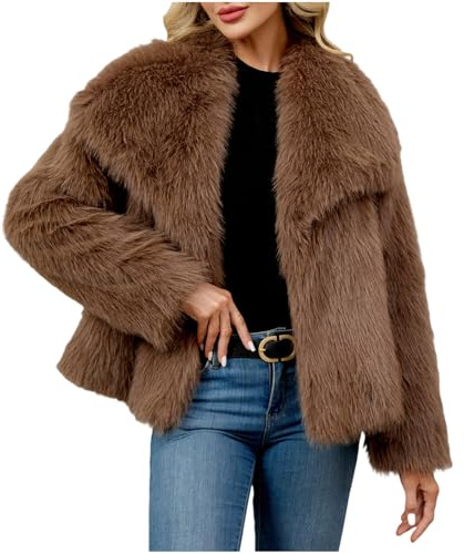 Faux Fur Coat for Women Uk - Fleece Winter Warm Plush Jacket, Solid Color Long Sleeve Top, Open Front Lapel Cardigan, Ladies Elegant Outwear Overcoats, Fluffy Windproof Thick, Streetwear 8 10 12 14 16
