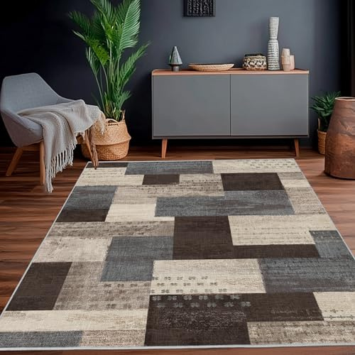 Calinline Alfombra moderna de retazos geométricos para interiores, para sala de estar, color azul-gris pardo, 200 x 230 cm, alfombra grande para dormitorio, colección Rockwood, decoración de suelos de