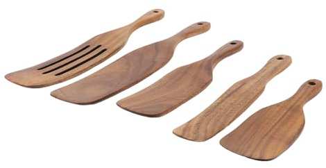 RiToEasysports Set di Spatola in Legno, Design Resistente e Liscio e Resistente Al Calore, Stile Originale, Cottura Versatile, Spazio Facile, 5 Pezzi con Foro Sospeso, Utensili da Cottura per