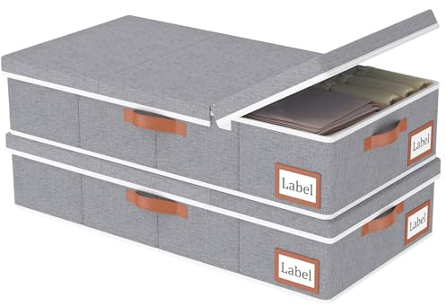 Yawinhe 2 Stück Unterbettkommode mit Deckel,48L Aufbewahrungsbox,Grau | Unterbett-Aufbewahrungstasche Faltbarer mit Griffen und Etikettentaschen,Kleideraufbewahrung für Bettdecken