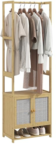 HOMCOM Perchero con Armario, Perchero para Ropa de Bambú, con Zapatero, Barra para Colgar, Estante Ajustable, para Entrada, Pasillo, Dormitorio, 53x31x168 cm, Natural