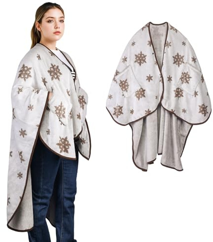 SIVENKE Damponcho fleece bärbar filt flanell halsduk filt bekväm poncho-överkast cape med knappar och fickor för säng, soffa, kontor, Snöflinga, 140 x 163 cm