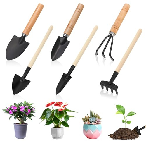 6 Juego de Herramientas de Jardín, Mini Herramientas Jardineria, Herramientas de Jardín Pequeñas, Kit de Jardinería Mango de Madera, Pala, Pala Pequeña, Rastrillo, para Suculentas, Plantas en Maceta