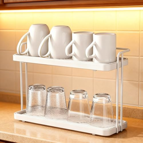 Gachiwar Scolapiatti a 2 livelli in acciaio al carbonio - Asciugatrice compatta con ripiani obliqui per soda ream, bottiglie, tazze, bicchieri, antiscivolo, salvaspazio, bianco (stile 2)