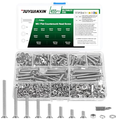 455 Pcs M5 Screws Set, Countersunk Bolts and Nuts Set, Stainless Steel Cross Head Countersunk Screws Nuts and Bolts Assortment, Flat Head Machine Screw Assorted with Flat & Lock Washers (M5)