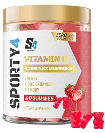 SPORTY4 Vitamin B Complex Gummies no creatine | 60 Count - Tablet Alternative | High Strength Supplement with Vitamin B12, B6, B12, B2, B3, B5, Biotin, Folic Acid, Zinc and Iodine