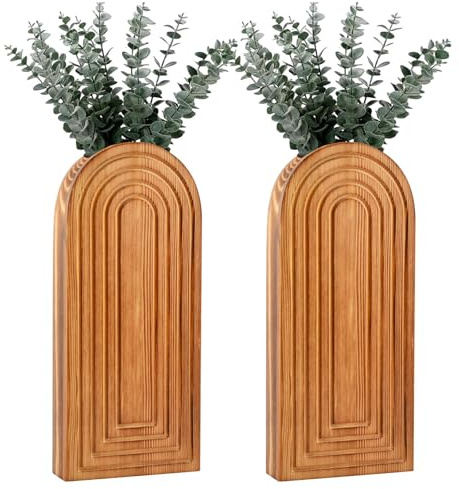 Set of 2 Wooden Wall-Mounted Vases for Dried Flowers, Boho Hanging Planters with Invisible Nails, Modern Farmhouse Home Decor for Living Room, Bedroom, Entryway, Bathroom