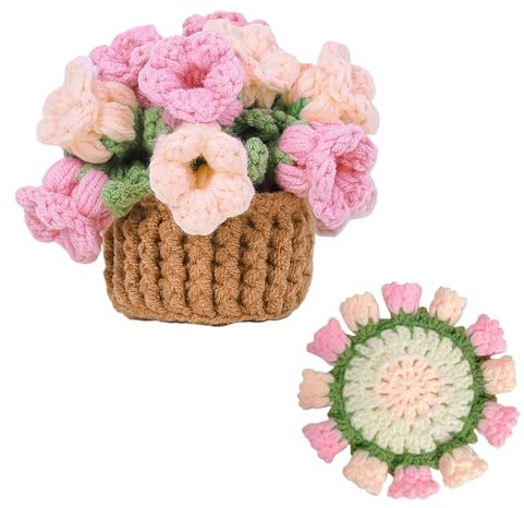 Richaa Crochet Pink Lily of the Valley Flower Bouquet Coaster with Mini Basket, Handmade Knitted Boho Floral Coasters, Romantic Gift for Mother's Day Birthday Home Decor Valentine's Day Anniversary