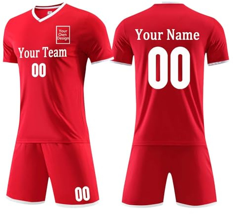 Personalised Kids Football Kit 24/25 Home/Away Boy's Soccer Jerseys, Personalised Football Shirt with Name Number Breathable Shorts and Shirt Set for Boys Girls Youth (4-14Years) Red 13-14 Years