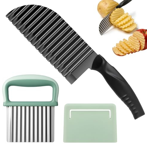 Vexnaro 2 Piezas Cortador Ondulado de Patatas de Acero Inoxidable, con Funda Protectora, Cortador de Patatas Onduladas, Cuchillo Corrugado para Papas Fritas, Verduras, Frutas y Ensaladas Onduladas