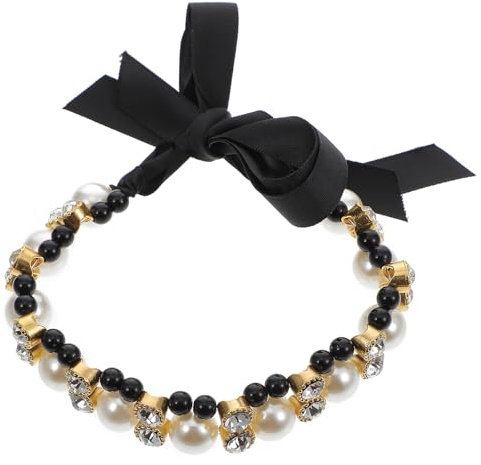 UKCOCO Pet Satin Ribbon Pearl Collar with Bow Tie for Cats and Dogs, Black Medium, Decorative Puppy Necklace for Pet Photography and Costume Accessory