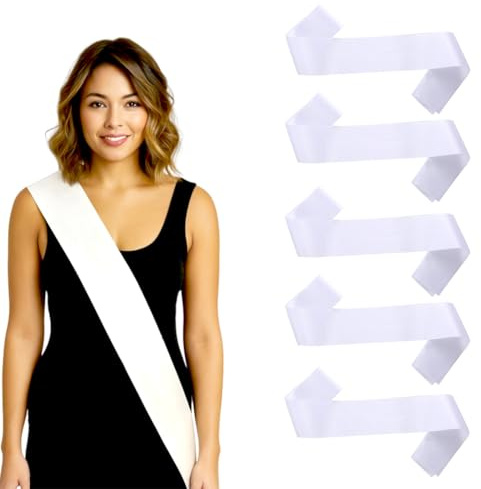 LAKPYN 5 Stück Weiße Schärpen blank Party zubehör Schärpe Bedrucken Satin DIY Unbedruckte Schärpe für Geburtstag Hochzeit Bachelorette Party junggesellinnenabschied