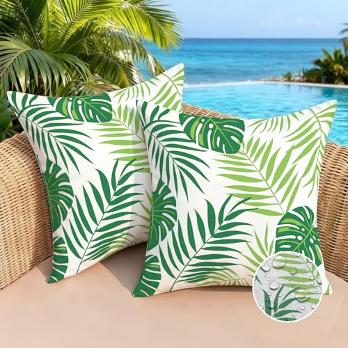Brylleii Kissenbezug Wasserdicht Outdoor Deko Kissen Wohnzimmer Modern 40x40 Kissen Blatt Form Muster Grün Dekorative Kissenbezüge Abstract Kissenhülle Dekokissen für Garten Sofa Couch, 2er Set