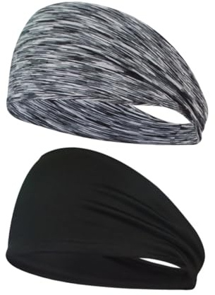 WESIEVYA Diademas Deportivas Elásticas para Correr y Yoga 2 Piezas (1 Negro 1 Gris a Rayas), Cintillos para Mujer Absorbentes de Sudor, Accesorios Pelo Unisex, Transpirables y Ajustables