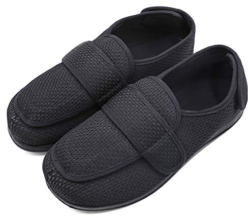 Men's Extra Wide Width Diabetic Recovery Slippers, Adjustable Closures Swollen Feet Arthritis Edema Orthopedic Footwear, Indoor/Outdoor Walking Shoes Black Mesh