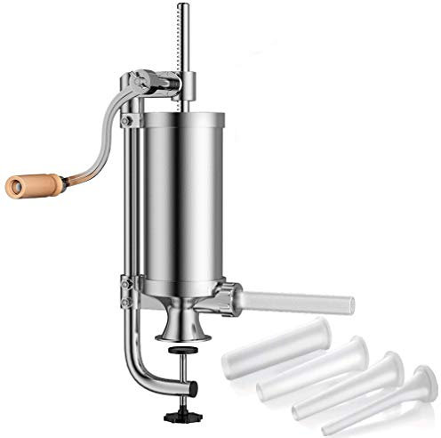 SHEANAON 2.5LB Sausage Filler Stuffer Vertical Kitchen Machine - Stainless Steel Homemade Meat Stuffing Maker Kit with Manual Crank and 4 Stuffing Nozzles - Commercial and Household Use