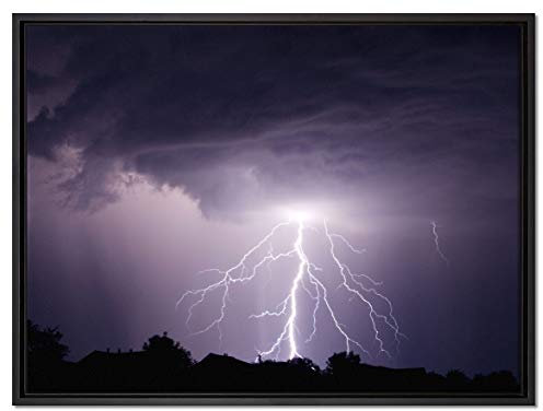 Pixxprint Einschlagender Blitz schwarz weiß Leinwandbild 80x60 cm im Bilderahmen, Wandbild, Schattenfugenrahmen, Kein Poster
