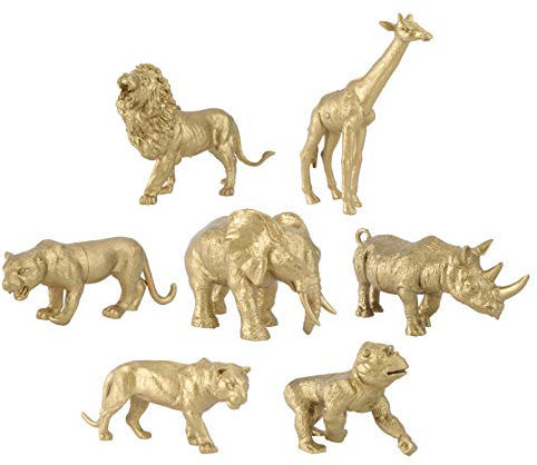 jojofuny 7pcs Realistic Simulation Animal Model Gold Miniature Zoo Playset with Lion Giraffe Rhino for Desktop Decoration