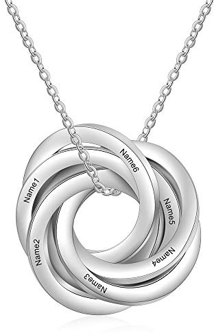 kaululu Damen Russische Ring Disc Halskette mit 6 Namen Gravur Edelstahl Anhänger Kette mit Gravur Personalisierter Schmuck Familie Kette
